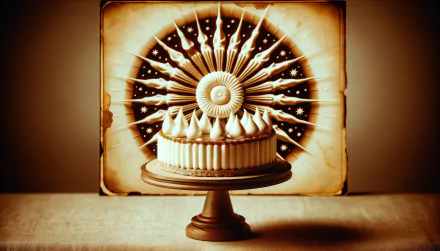 A beautifully decorated vanilla cake atop a wooden pedestal, set against a vintage-style background with radiant patterns, creating a stunning HD desktop wallpaper.