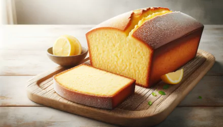 HD wallpaper featuring a moist pound cake on a wooden cutting board, with a slice laid out in front and lemon wedges as decoration.