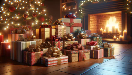 HD wallpaper featuring an array of colorful Christmas presents in front of a twinkling tree and cozy fireplace.