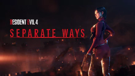 Resident Evil 4 (2023) HD wallpaper featuring 'Separate Ways' with a female character standing heroically in front of a fiery backdrop.