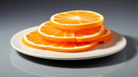 Sliced fresh oranges arranged neatly on a white plate with a reflective surface, ideal as a vibrant HD desktop wallpaper and background.