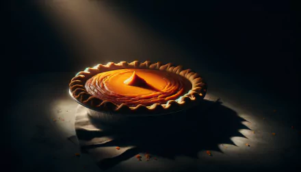 A beautifully arranged sweet potato pie sits gracefully in a dimly lit setting, showcasing its rich filling and decorative crust, creating an inviting HD desktop wallpaper.
