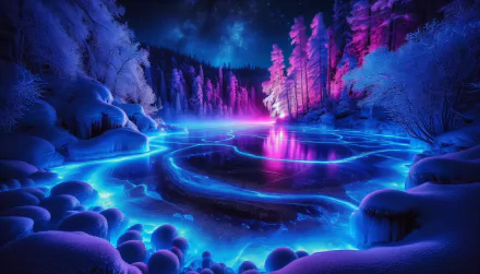 HD wallpaper of a vividly illuminated frozen lake surrounded by snow-covered trees under a starry sky.