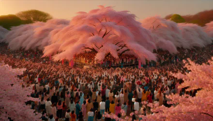 HD wallpaper of a crowded cherry blossom festival with vibrant pink trees and people celebrating.