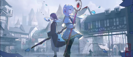 HD anime desktop wallpaper featuring Fern and Frieren from Frieren: Beyond Journey's End, set against a detailed medieval town backdrop.