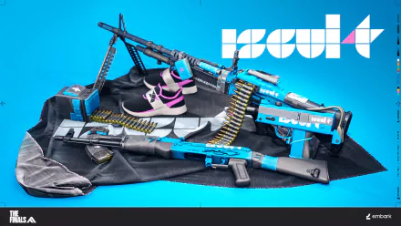 HD wallpaper featuring gear from the video game The Finals, including intricately designed weapons and sneakers against a vibrant blue background.