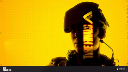 HD wallpaper featuring a close-up of a soldier character from the video game The Finals set against a vibrant yellow background.