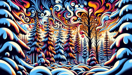 A vibrant winter forest scene featuring stylized trees covered in snow, illuminated by swirling colors of orange and blue, creating a striking HD desktop wallpaper.
