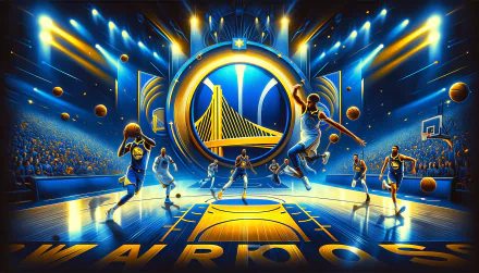 HD Golden State Warriors desktop wallpaper featuring dynamic basketball action and team logo.