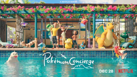 HD desktop wallpaper featuring the Pokémon Concierge TV show, with characters and Pokémon by a resort pool, available on Netflix.