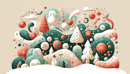 A whimsical, cute Christmas scene featuring colorful trees, a snowman, and stylized winter elements, creating an enchanting HD desktop wallpaper and background.