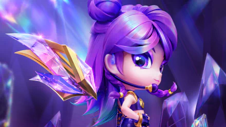 Chibi-style illustration of Kai'Sa from League of Legends, featuring vibrant colors and crystal elements, designed as an HD desktop wallpaper and background.