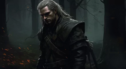 HD PC desktop wallpaper featuring a dark, immersive Witcher-inspired character in a misty forest, blending AI art with fantasy and dark age sci-fi elements.