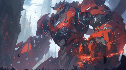 A striking HD desktop wallpaper featuring a massive red mecha from anime, towering over a dramatic landscape with intricate details and a dynamic atmosphere.