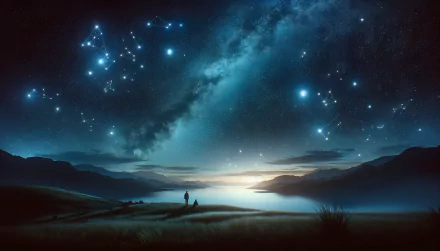 HD desktop wallpaper featuring a serene star gazing scene with a person overlooking a mountainous lakeside under a twinkling starry sky