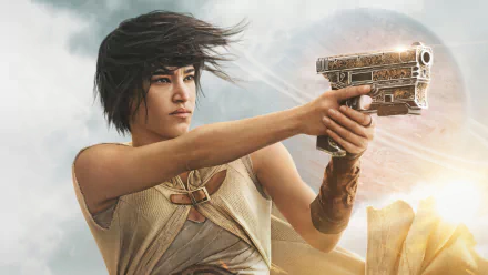 Sofia Boutella's character brandishing a futuristic gun in Rebel Moon movie HD desktop wallpaper.