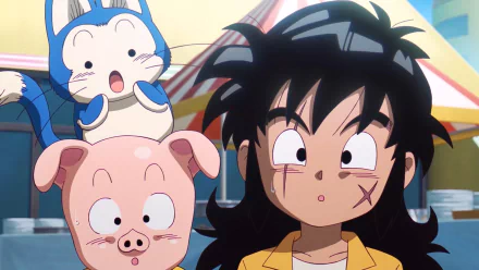 HD wallpaper featuring Yamcha, Oolong, and Puar from Dragon Ball DAIMA, showcasing their surprised expressions in a vibrant, colorful setting.