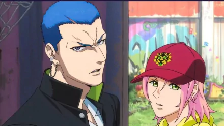 Anime characters from Bucchigiri?! featuring a blue-haired male with a serious expression and a female companion in a red cap, set against a colorful, graffiti-like background. HD wallpaper.