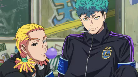 HD desktop wallpaper featuring anime characters from Bucchigiri?!, with one blowing a bubble gum and another standing confidently.