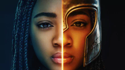 HD PC desktop wallpaper featuring a split portrait from the TV show Percy Jackson and the Olympians, blending a modern face with an ancient warrior helmet.