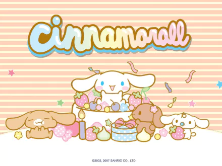 HD anime-style Cinnamoroll desktop wallpaper featuring the cute white dog character and friends with pastel candy-themed background.