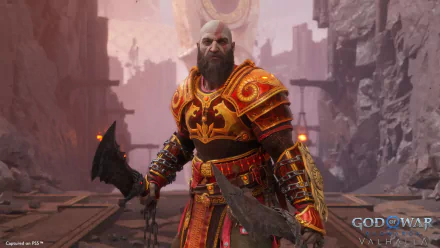 HD wallpaper featuring the protagonist from God of War: Ragnarök video game, poised for battle in a mystical Norse setting.