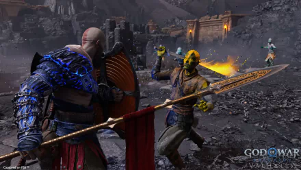 HD desktop wallpaper featuring a scene from God of War: Ragnarök with characters ready for battle.