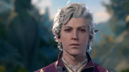 HD desktop wallpaper of Astarion from Baldur's Gate 3, featuring his detailed likeness in a natural backdrop.