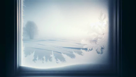 HD desktop wallpaper featuring a frosty window with intricate ice patterns and a snowy landscape view.