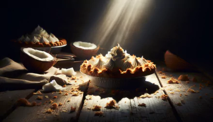 A stunning HD desktop wallpaper featuring a coconut cream pie with whipped topping, surrounded by coconuts and crumbs, illuminated by a beam of light.