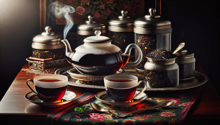 Elegant HD desktop wallpaper of a black tea setup with steam rising from a teapot, two cups of tea, and containers of loose tea leaves, set against a dark, moody background.