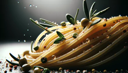 HD desktop wallpaper featuring close-up of spaghetti garnished with rosemary, olives, and spices on a dark background.