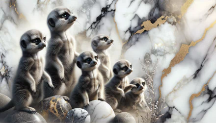 A charming HD desktop wallpaper featuring a group of meerkats curiously standing on polished stones, set against a stunning marbled background with gold accents.