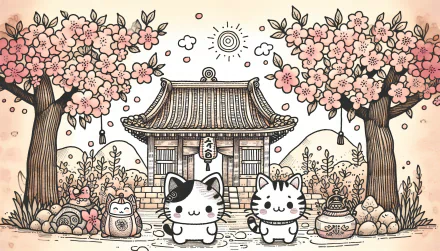 Kawaii HD desktop wallpaper featuring cute cartoon cats in a traditional Japanese garden with cherry blossoms.