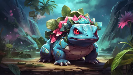 A vibrant HD desktop wallpaper featuring Venusaur from Pokémon, showcasing its iconic features amidst a lush, mystical backdrop with tropical plants and a serene atmosphere.