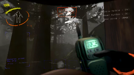 HD desktop wallpaper featuring a first-person view from the video game Lethal Company, with a focus on a handheld radio and a forest environment in the background.