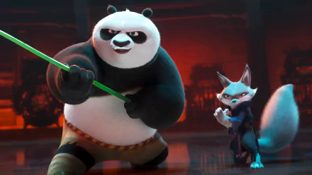 HD desktop wallpaper featuring Po wielding a green staff beside Zhen from Kung Fu Panda 4.