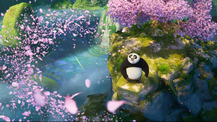 A vibrant HD desktop wallpaper featuring Po from Kung Fu Panda 4, standing on a scenic cliff with cherry blossoms and a serene water backdrop.