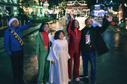 A festive scene from the movie Candy Cane Lane, featuring a group of five characters joyfully waving amidst a brightly decorated street illuminated with holiday lights.