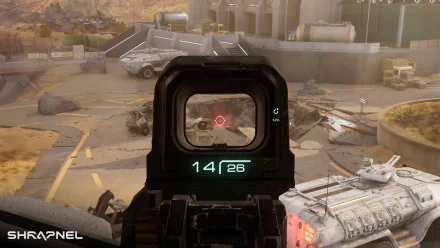 HD desktop wallpaper featuring a first-person view from the video game Shrapnel with an aiming reticle on a desert battlefield scene.