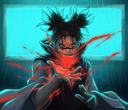 HD PC desktop wallpaper featuring Choso from the anime Jujutsu Kaisen, with glowing red energy swirling around him against a vibrant cyan background.