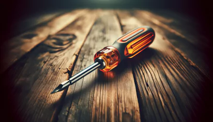 High-definition desktop wallpaper featuring a sharp, close-up image of an orange-handled screwdriver on a textured wooden surface, showcasing intricate details and rich, warm tones for a background.