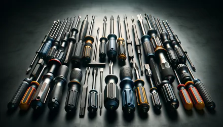 Array of various types of screwdrivers organized neatly on a dark background, suitable as an HD desktop wallpaper for tool enthusiasts.