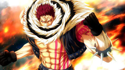 A vibrant HD wallpaper featuring Charlotte Katakuri from One Piece, showcasing his powerful stance amidst a fiery background, capturing the essence of this iconic anime character.
