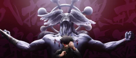 HD anime desktop wallpaper featuring Megumi Fushiguro and his shikigami Mahoraga from Jujutsu Kaisen, showcasing dark, intense tones and dynamic composition.