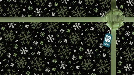 HD PC desktop wallpaper featuring a black background with green and white snowflakes, adorned with a green ribbon and an Epic Games Store tag.