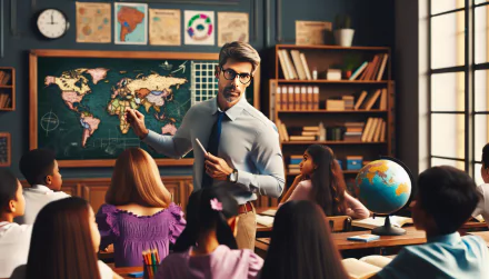 A teacher presents a lesson in a classroom filled with engaged students, featuring a map and a globe, set against a warm, educational backdrop. HD desktop wallpaper.