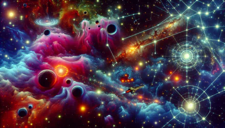 Sci-Fi themed HD desktop wallpaper featuring vibrant cosmic scenery with nebulae, black holes, and starships.