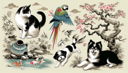 HD desktop wallpaper featuring pets with a cat, parrot, dogs, and koi fish in a serene oriental garden scene.