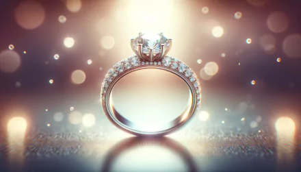 Sparkling wedding ring with diamond detail on a shimmering background, HD desktop wallpaper.